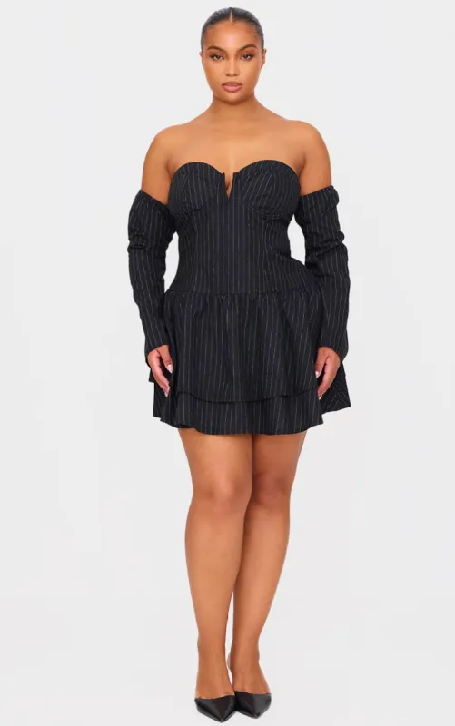 Plus Black Pinstripe Cup Detail Bardot Shift Dress sold by Pretty Little Thing