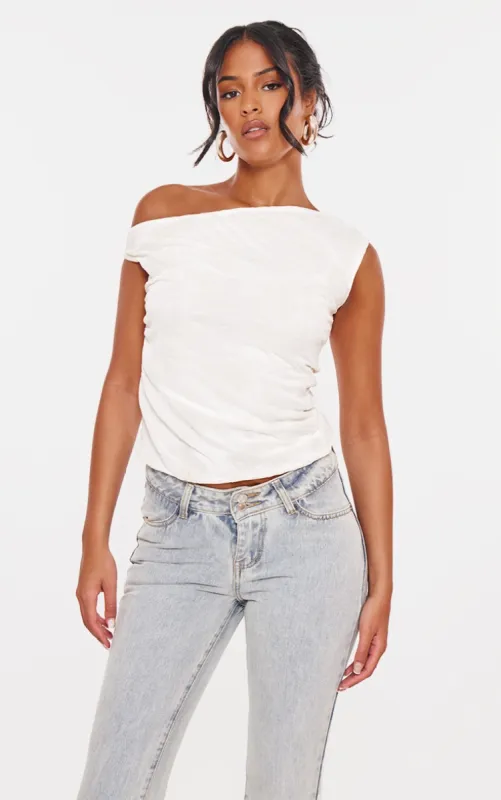 Tall Cream Devore Asymmetric Off The Shoulder Top made by Pretty Little Thing