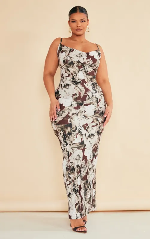 Plus Brown Floral Printed Plisse Cowl Neck Maxi Dress sold by Pretty Little Thing