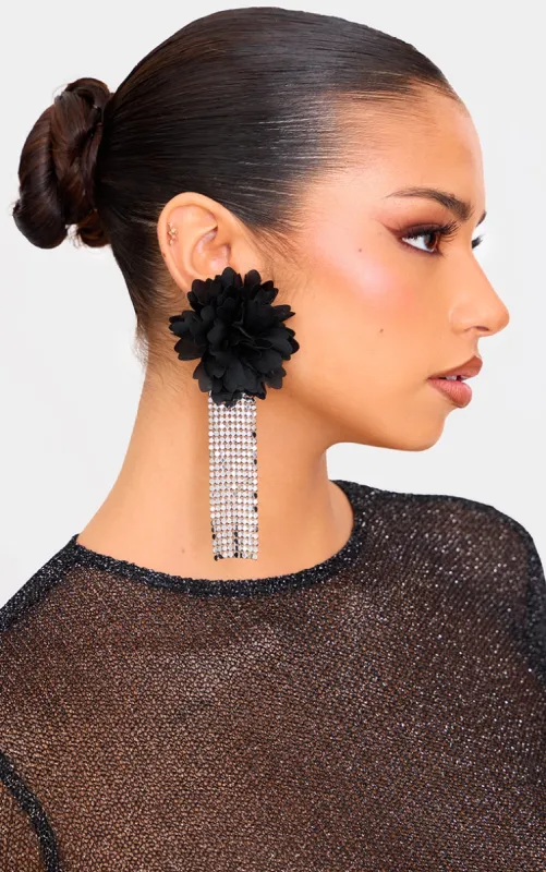Black Large Floral Chain Tassel Statement Earrings sold by Pretty Little Thing