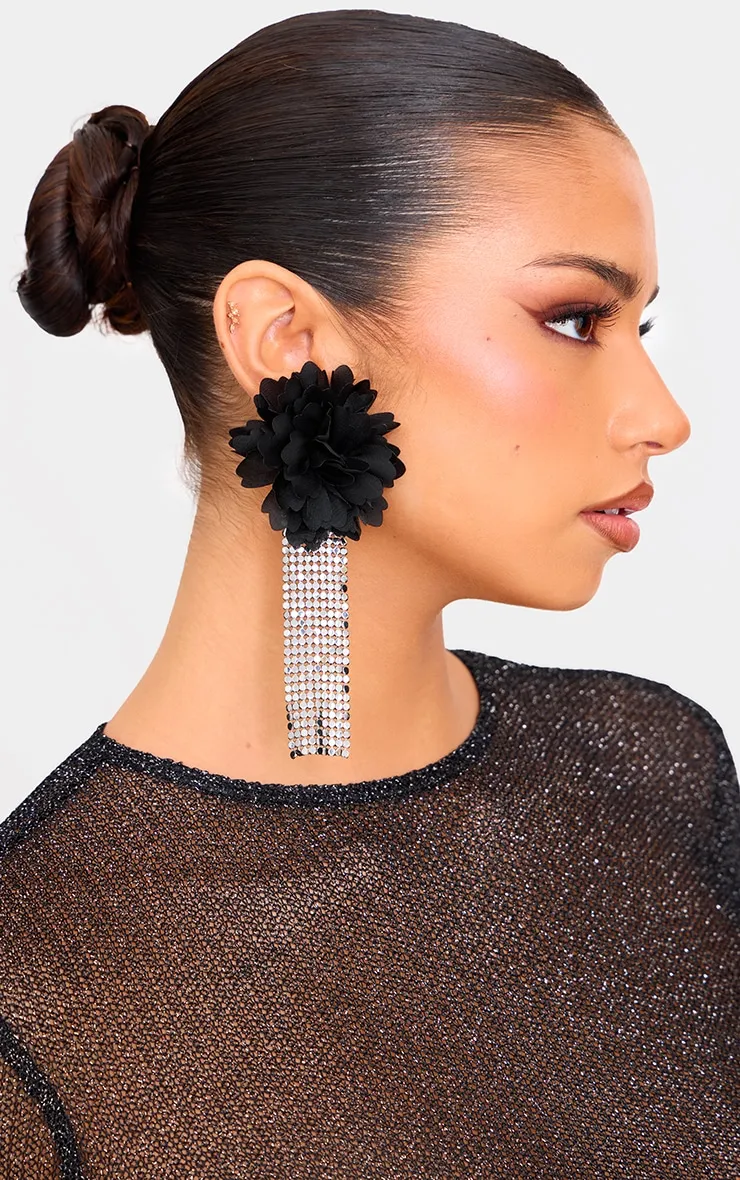 Black Large Floral Chain Tassel Statement Earrings sold by Pretty Little Thing