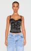 Petite Black Satin Rose Trim Detail Corset Top sold by Pretty Little Thing
