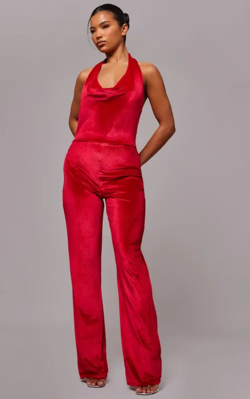 Red Velvet Cowl Neck Wide Leg Jumpsuit sold by Pretty Little Thing
