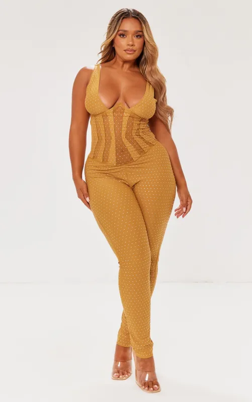 Shape Gold Sequin Mesh Panel Detail Underwire Jumpsuit sold by Pretty Little Thing