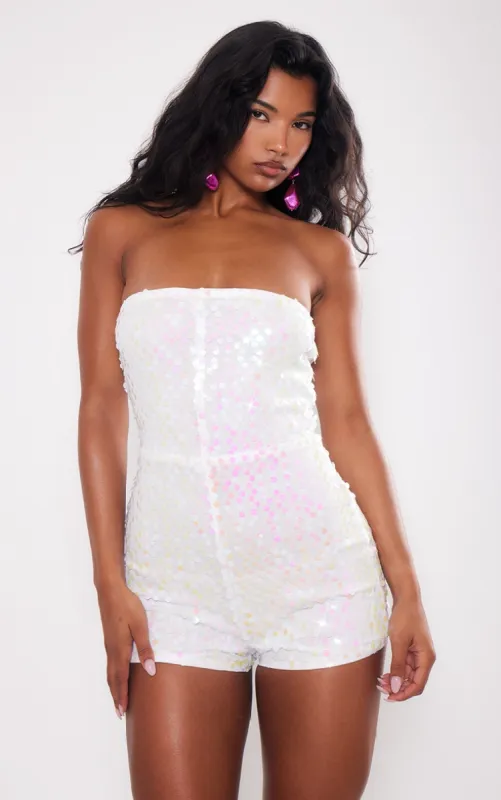 White Sequin Bandeau Playsuit sold by Pretty Little Thing