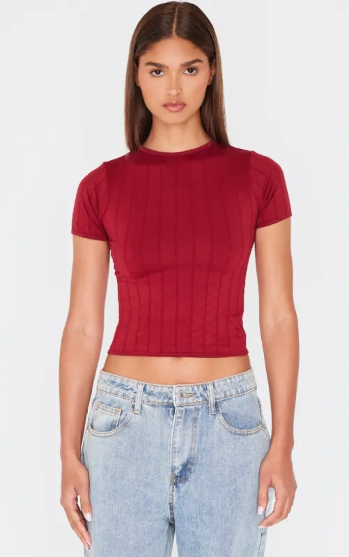 Burgundy Contour Pointelle Crew Neck Short Sleeve Long Top made by Pretty Little Thing