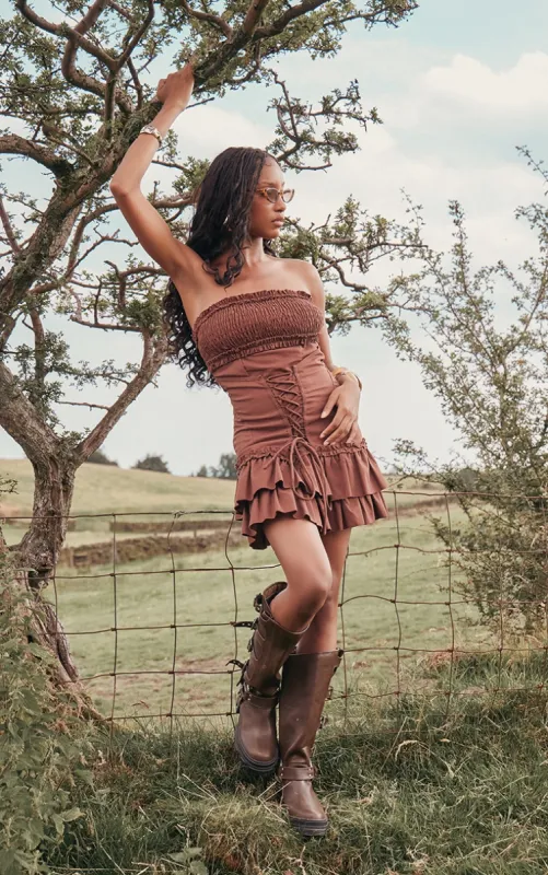Dark Brown Linen Look Corset Ruffle Detail Bodycon Dress sold by Pretty Little Thing