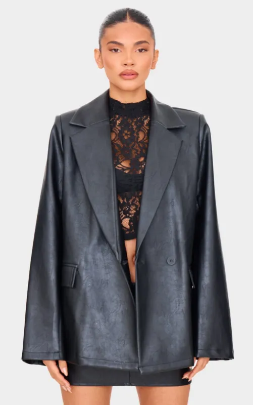 Black Distressed Faux Leather Blazer sold by Pretty Little Thing