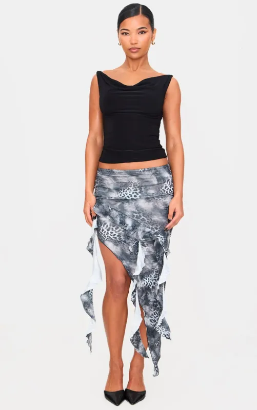 Leopard Printed Crinkle Satin Asymmetric Handkerchief Hem Skirt sold by Pretty Little Thing