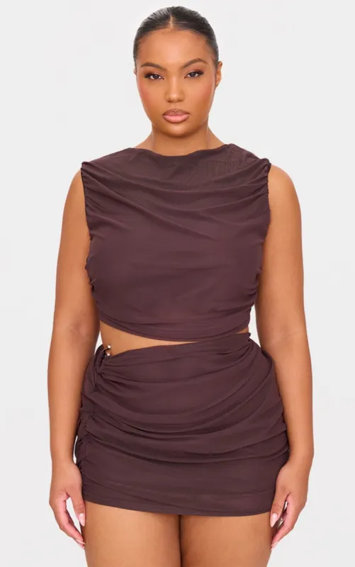 Plus Chocolate Mesh Ruched Trim Detail Crop Top sold by Pretty Little Thing