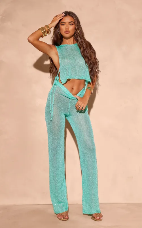 Turquoise Sequin Knit Wide Leg Floaty Trousers sold by Pretty Little Thing