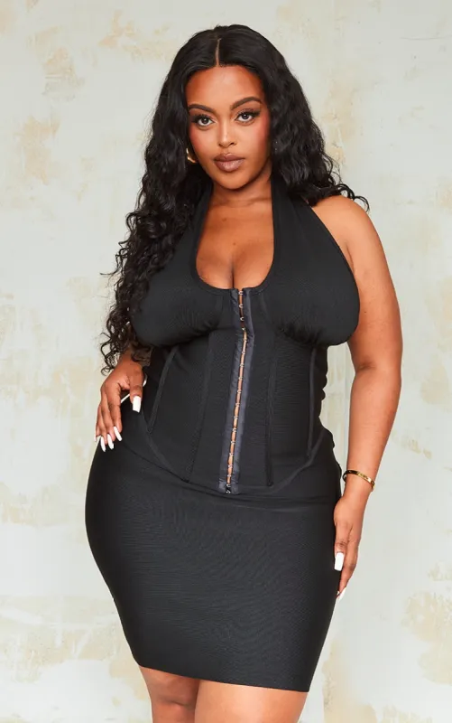 Plus Black Bandage Plunge Corset Bodycon Dress sold by Pretty Little Thing