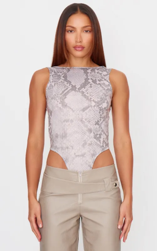 Brown Snake Print Soft Jersey Open Back Bodysuit made by Pretty Little Thing