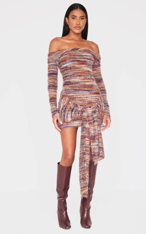 Multi Brushed Textured Bardot Wrap Detail Bodycon Dress sold by Pretty Little Thing