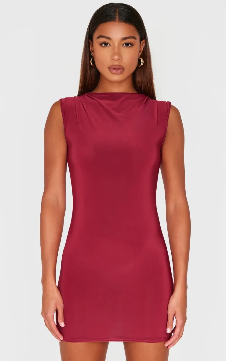Burgundy Slinky High Neck Ruched Mini Dress sold by Pretty Little Thing