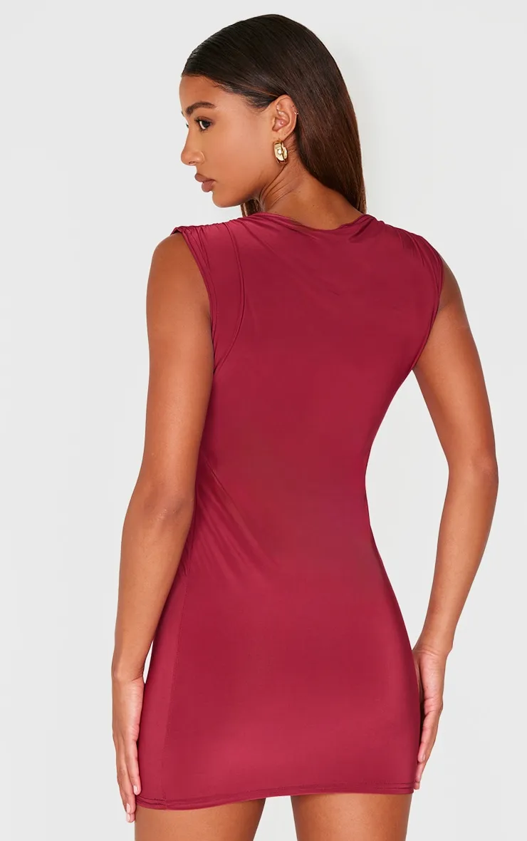 Burgundy Slinky High Neck Ruched Mini Dress sold by Pretty Little Thing product image thumbnail 2