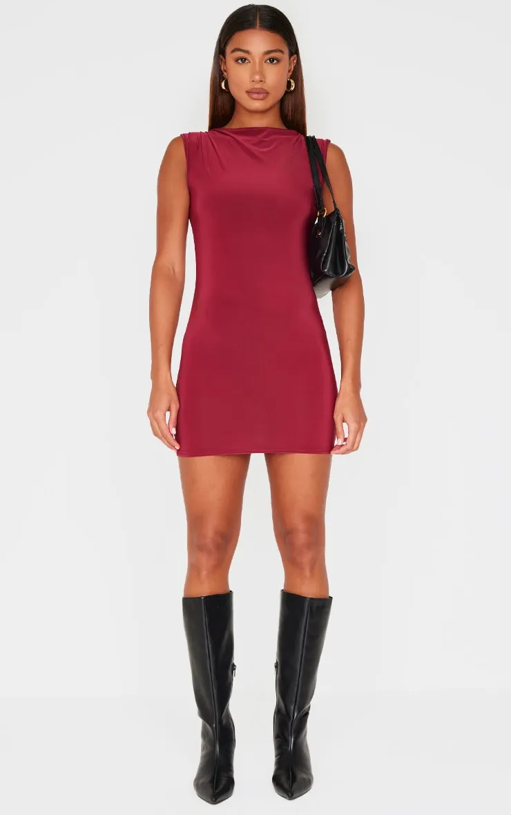 Burgundy Slinky High Neck Ruched Mini Dress sold by Pretty Little Thing product image thumbnail 3