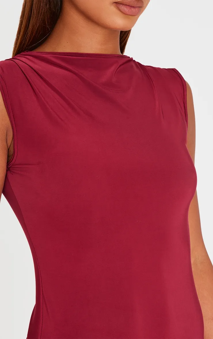 Burgundy Slinky High Neck Ruched Mini Dress sold by Pretty Little Thing product image thumbnail 4