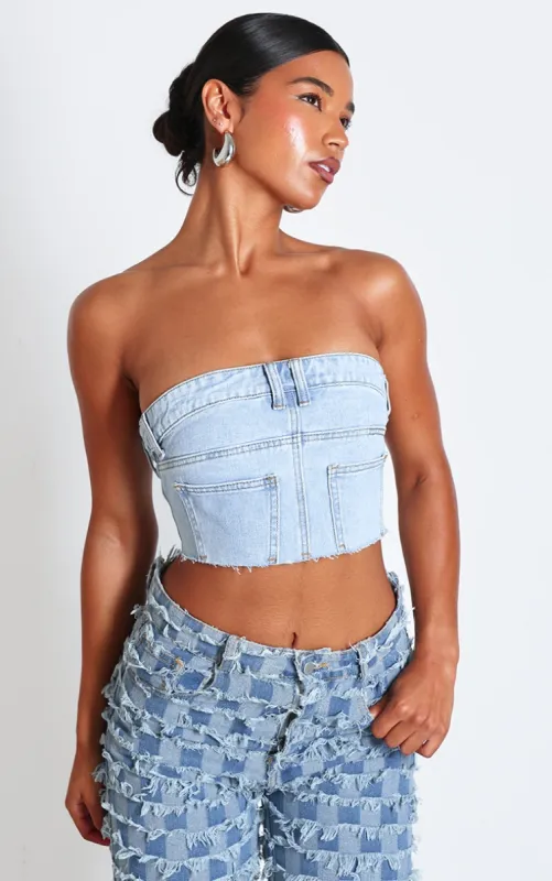 Light Blue Wash Jean Detail Cropped Bandeau Denim Top sold by Pretty Little Thing
