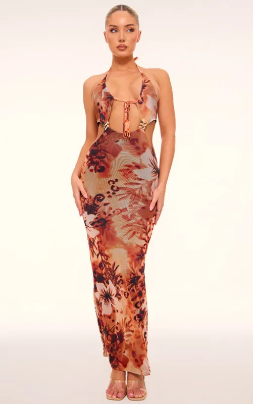 Orange Animal Print Mesh Trim Detail Cut Out Maxi Dress sold by Pretty Little Thing