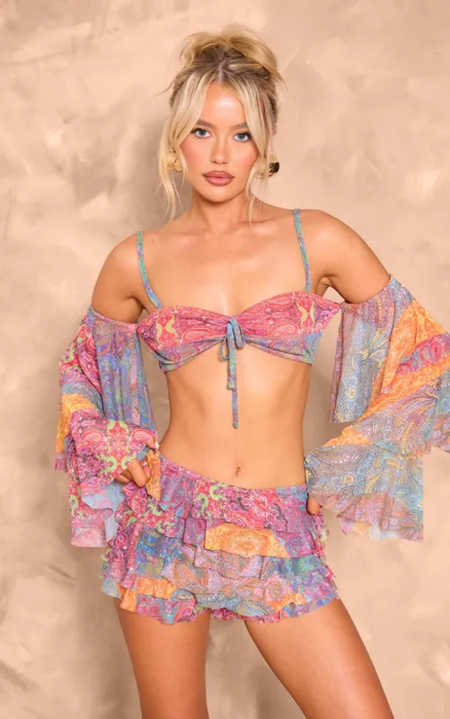 Multi Patchwork Printed Mesh Long Sleeve Crop Top sold by Pretty Little Thing