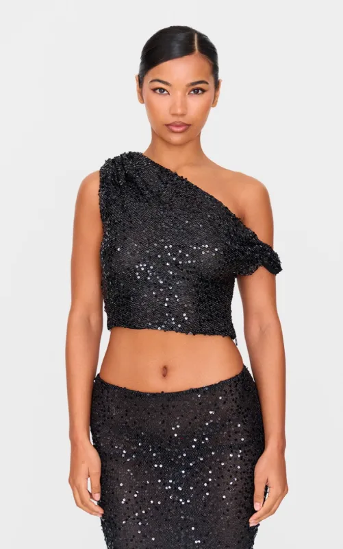 Black Sequin Textured Asymmetric Top made by Pretty Little Thing
