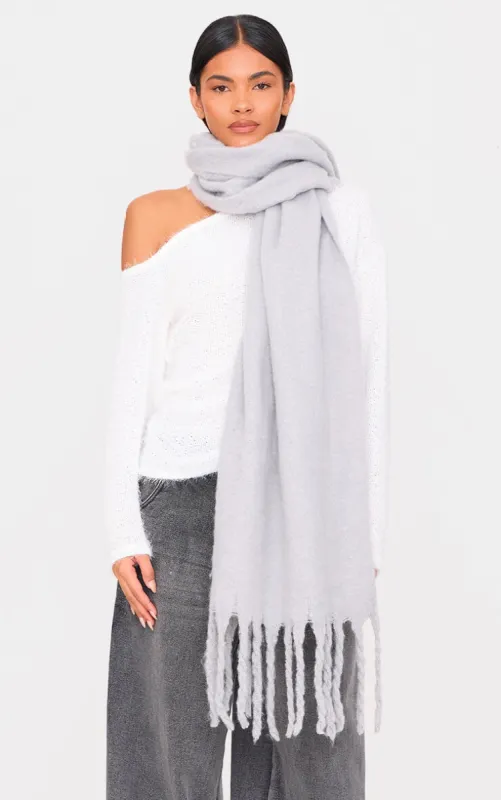 Grey Soft Blanket Tassel Scarf sold by Pretty Little Thing