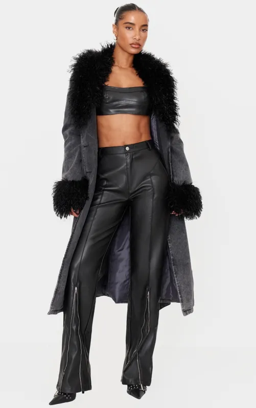 Black Faux Leather Zip Seam Detail Straight Leg Trousers sold by Pretty Little Thing