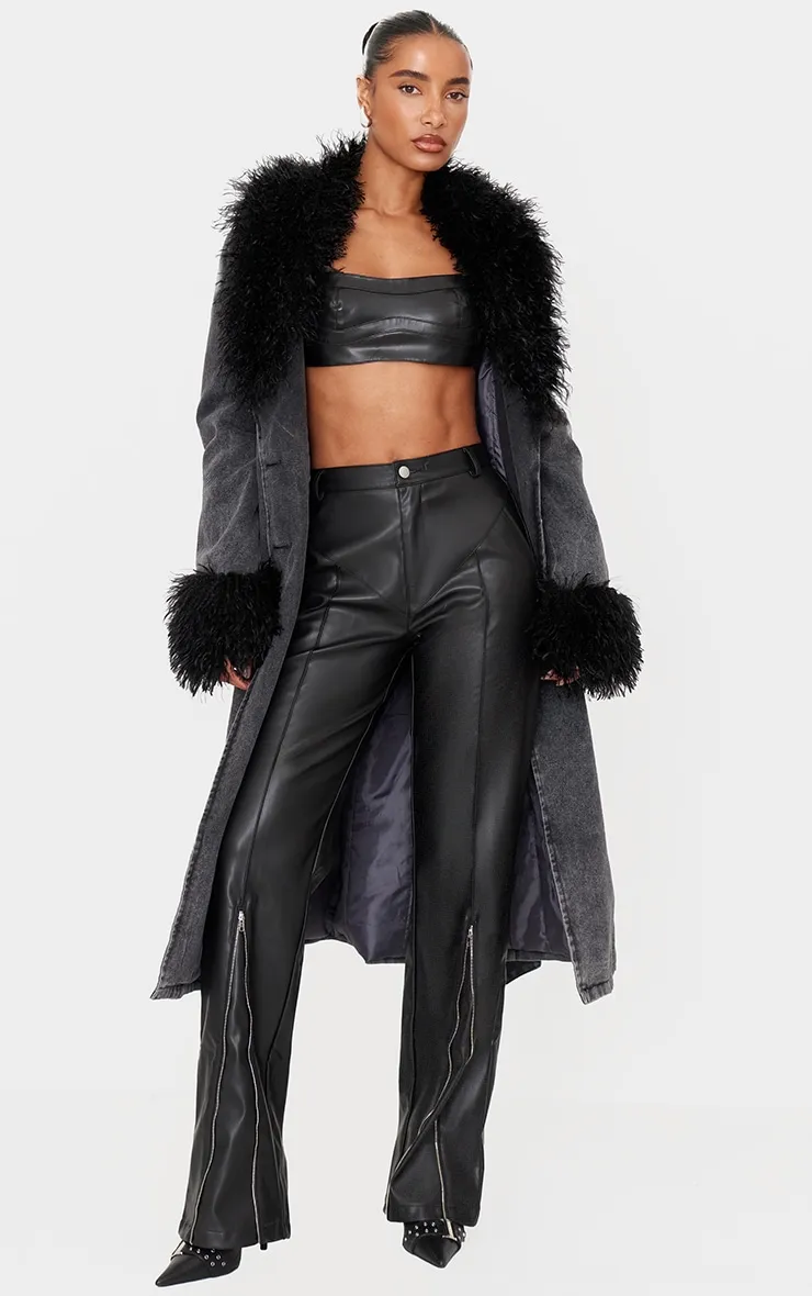 Black Faux Leather Zip Seam Detail Straight Leg Trousers sold by Pretty Little Thing