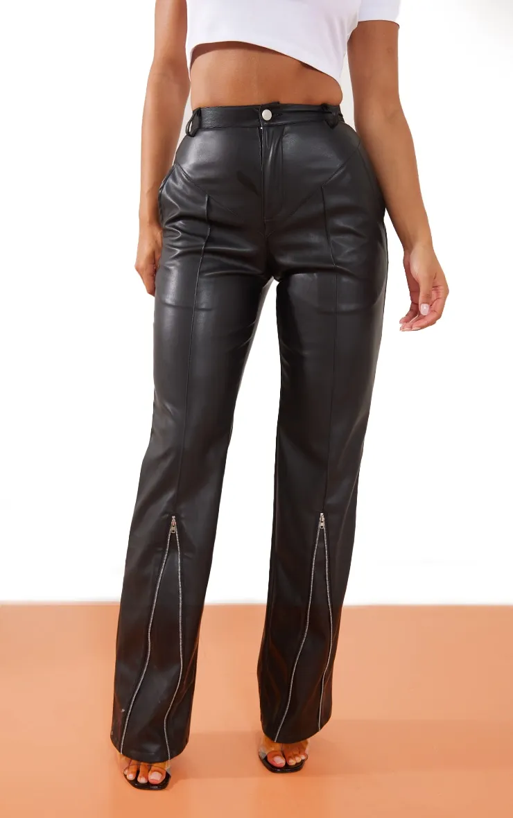 Black Faux Leather Zip Seam Detail Straight Leg Trousers sold by Pretty Little Thing product image thumbnail 2