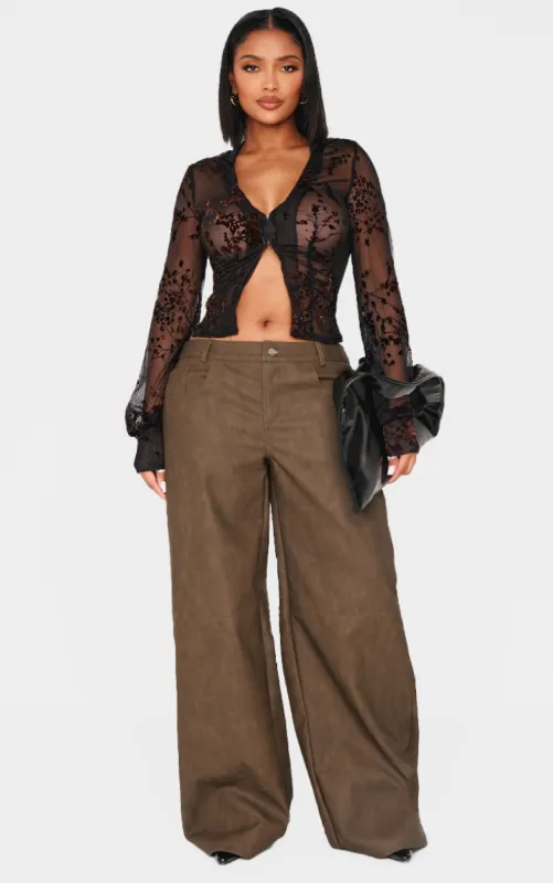 Shape Mustard Washed Faux Leather Wide Leg Trousers sold by Pretty Little Thing