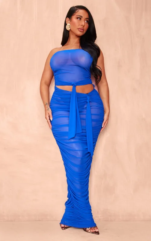 Shape Bright Blue Mesh Ruched Cut Out Maxi Dress sold by Pretty Little Thing