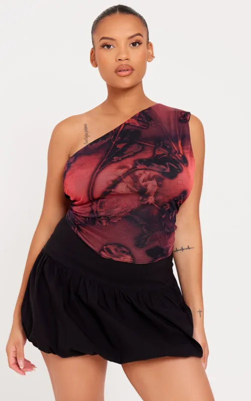 Plus Burgundy Paisley Print Asymmetric Mesh Top sold by Pretty Little Thing