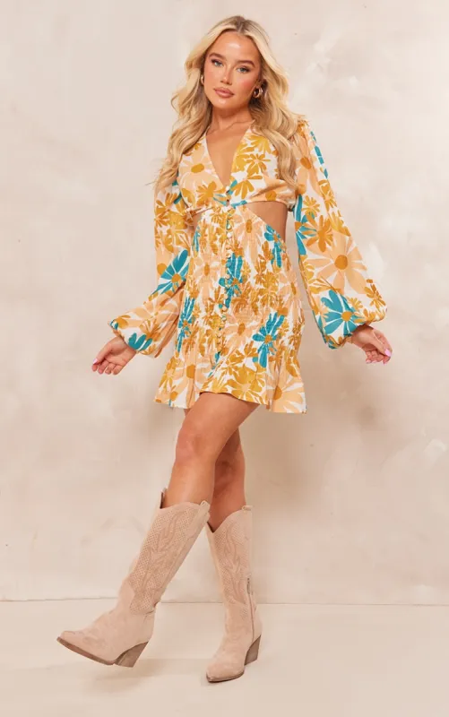 Orange Floral Shirred Button Cut Out Long Sleeve Bodycon Dress made by Pretty Little Thing