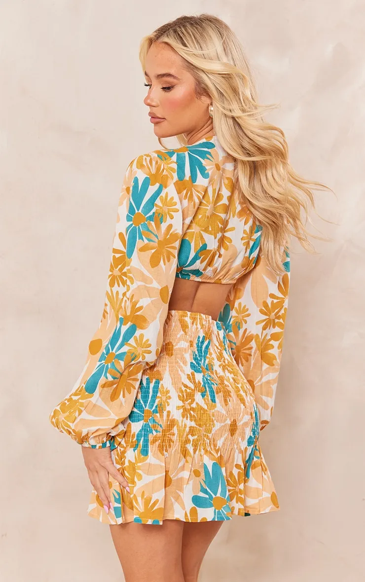 Orange Floral Shirred Button Cut Out Long Sleeve Bodycon Dress sold by Pretty Little Thing product image thumbnail 2