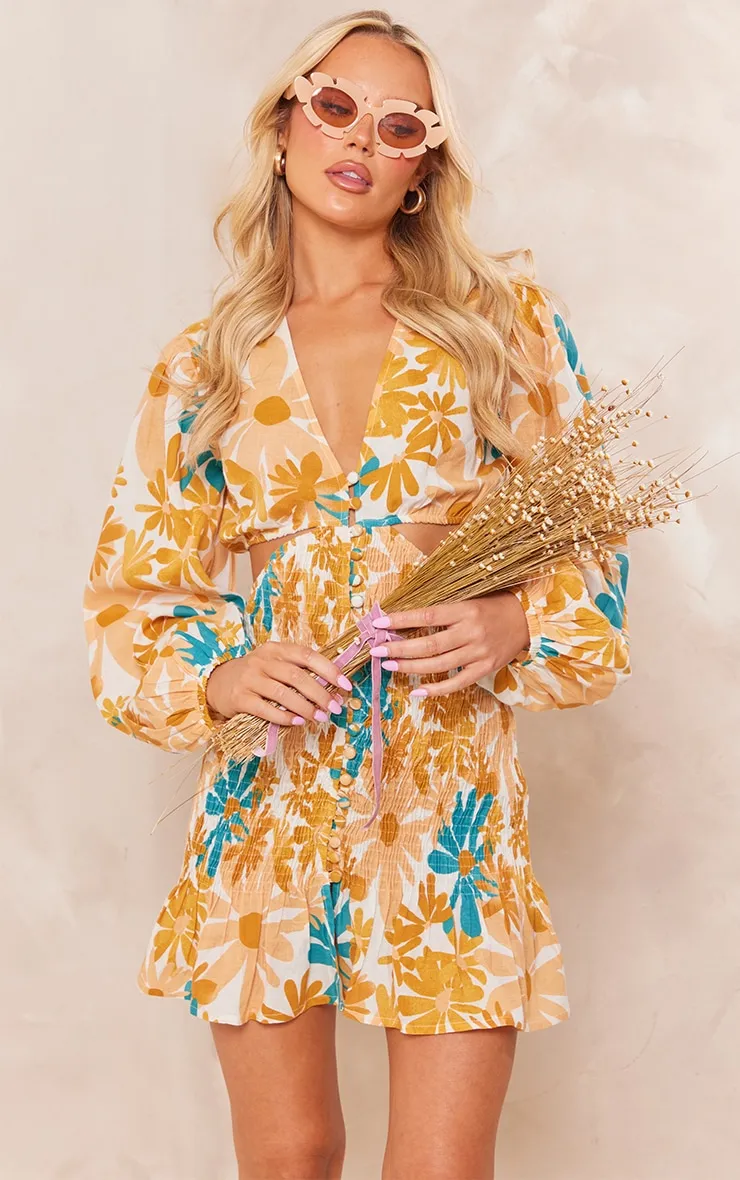 Orange Floral Shirred Button Cut Out Long Sleeve Bodycon Dress sold by Pretty Little Thing product image thumbnail 3