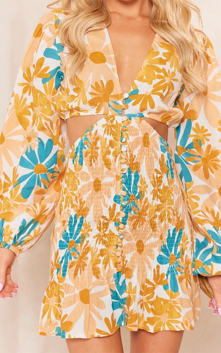 Orange Floral Shirred Button Cut Out Long Sleeve Bodycon Dress sold by Pretty Little Thing product image thumbnail 4