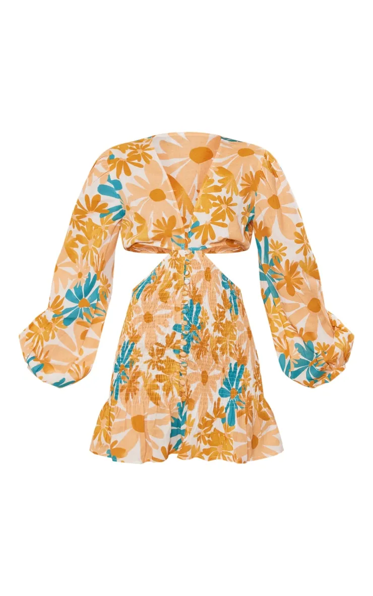 Orange Floral Shirred Button Cut Out Long Sleeve Bodycon Dress sold by Pretty Little Thing product image thumbnail 5