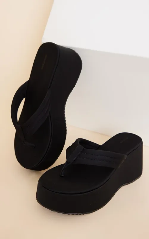 Black Round Toe Chunky Platform Ribbed Padded Straps Flip Flops sold by Pretty Little Thing