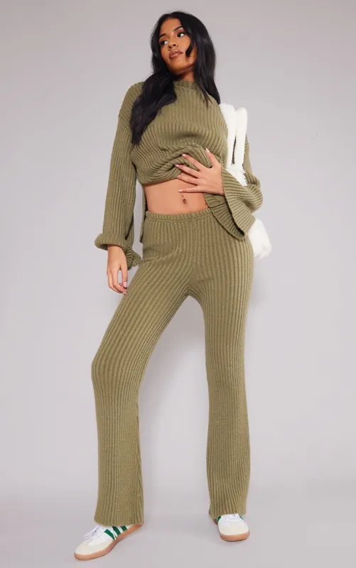 Tall Olive Soft Knit Wide Leg Trousers sold by Pretty Little Thing