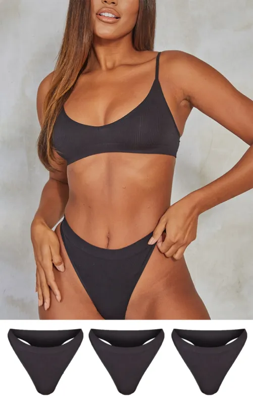 Black Seamless Rib Thong 3 Pack sold by Pretty Little Thing