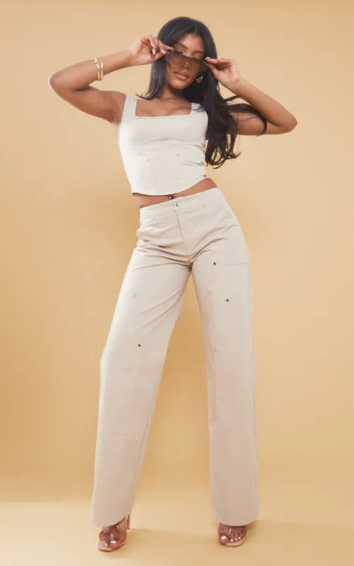 Stone Twill Contrast Seam Straight Leg Cargo Trousers sold by Pretty Little Thing