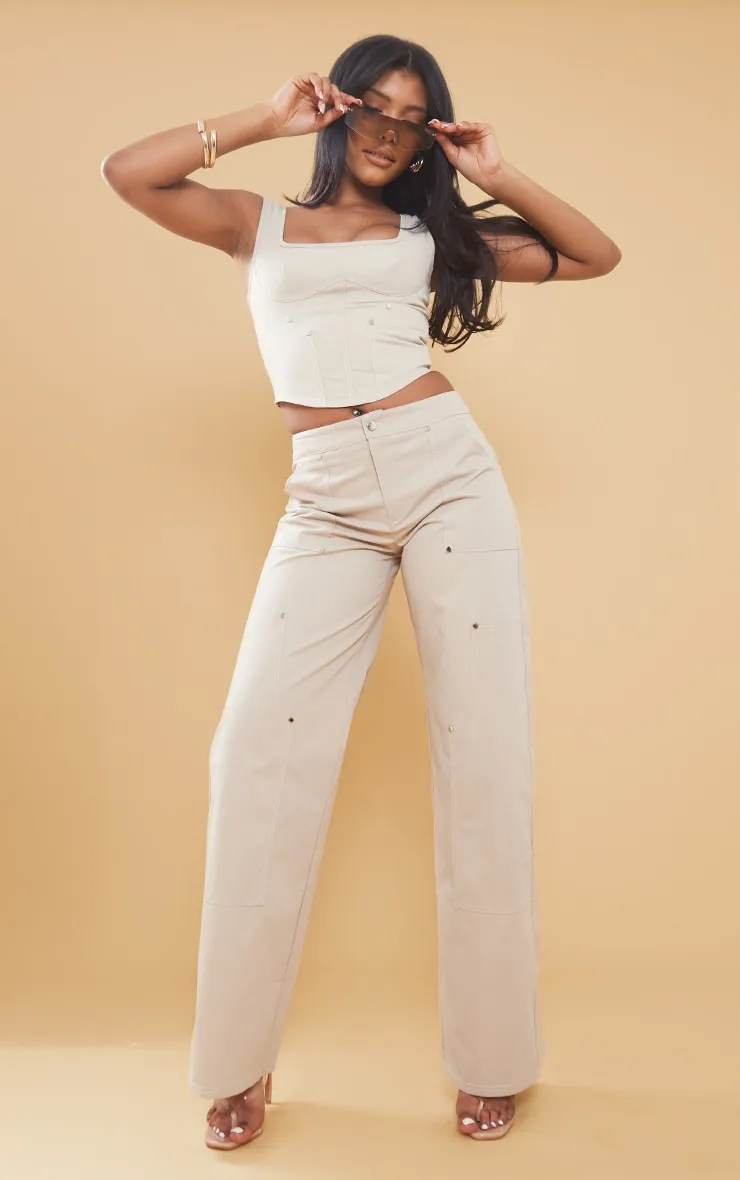 Stone Twill Contrast Seam Straight Leg Cargo Trousers sold by Pretty Little Thing