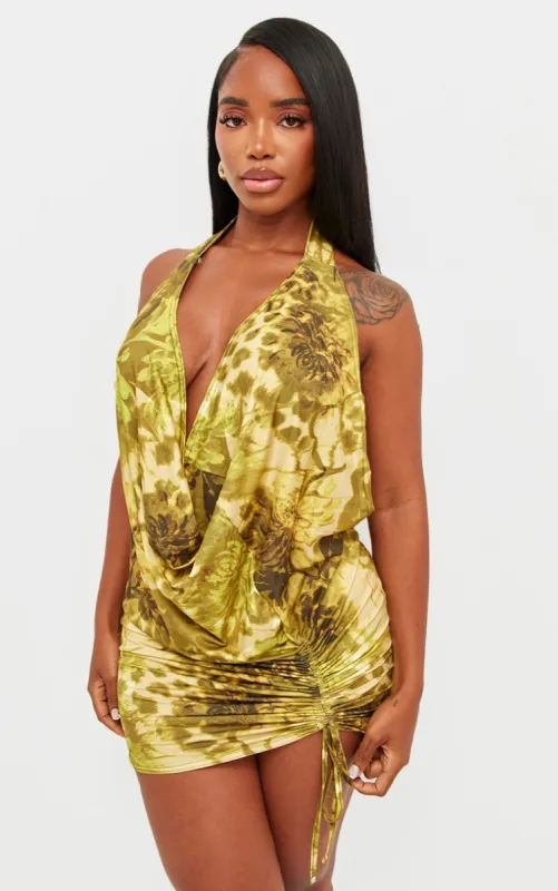 Shape Green Printed Slinky Halterneck Cowl Ruched Bodycon Dress sold by Pretty Little Thing