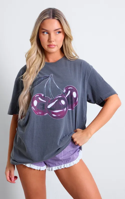 Black Glossy Cherry Washed Graphic Oversized T Shirt sold by Pretty Little Thing