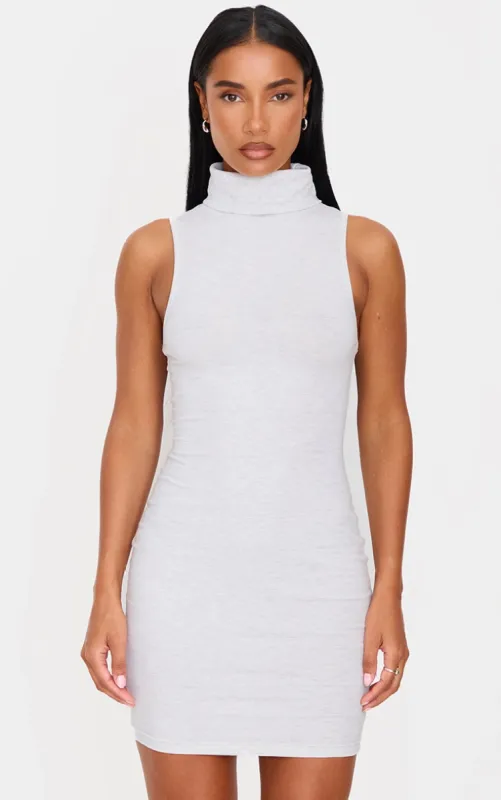 Grey Marl Cotton High Roll Neck Mini Dress sold by Pretty Little Thing
