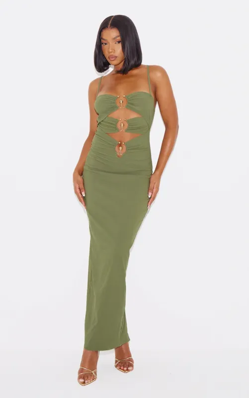 Olive Gold Trim Cut Out Maxi Dress sold by Pretty Little Thing
