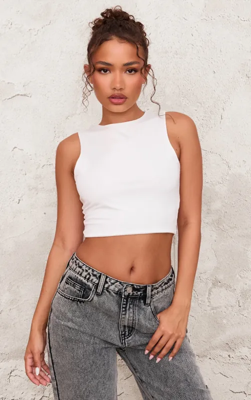 Petite White Slinky Racer Crop Top sold by Pretty Little Thing