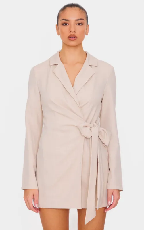Cream Woven Tie Wrap Blazer Dress sold by Pretty Little Thing