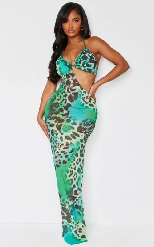 Shape Green Animal Printed Chiffon Ring Detail Maxi Dress sold by Pretty Little Thing